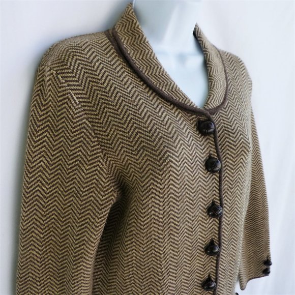 Vintage Merino Chevron Knit Sweater Blazer Brown Beige Knit Buttons Suede Patch - Picture 5 of 7